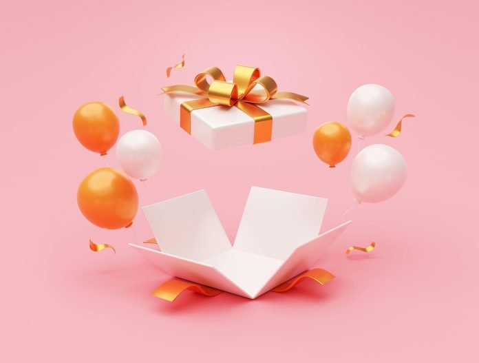 open gifts box present with balloon confetti holiday surprise celebration greeting 3d rendering illustration